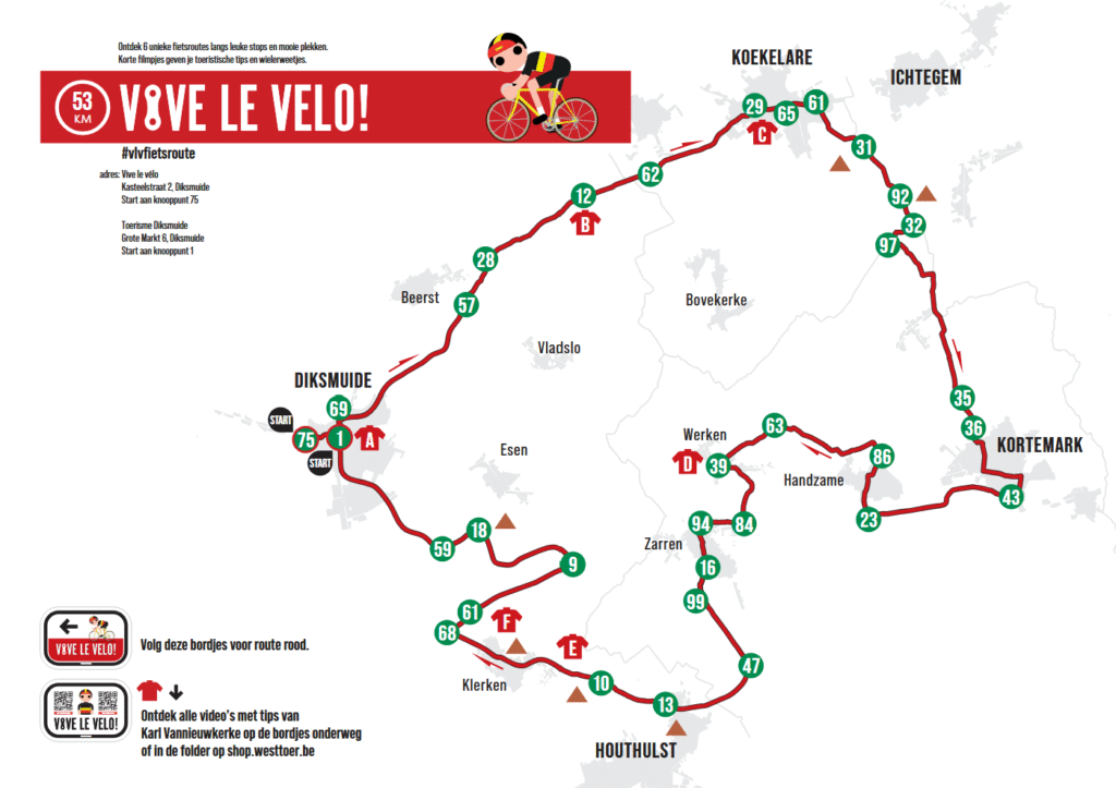 knooppuntenkaart met route rood 53 km Diksmuide